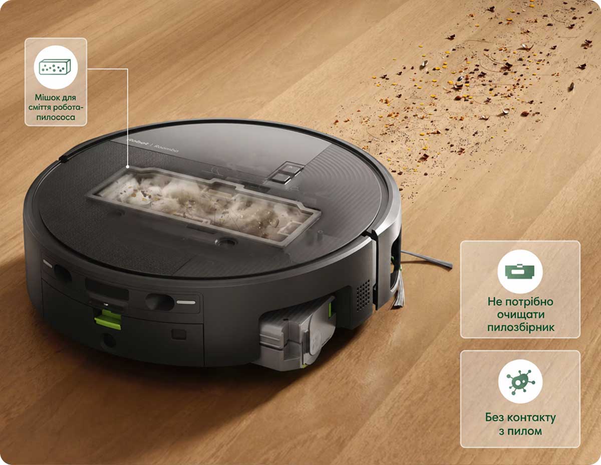 iRobot Roomba Plus 615 Combo всмоктує сміття в пилозбірник