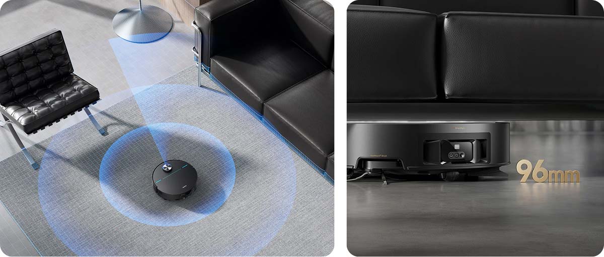 MOVA Z70 Ultra Roller опускает радар для проезда под диваном
