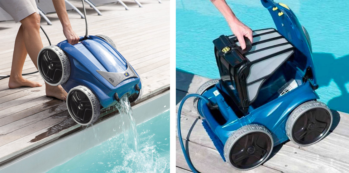 Робот пилосос для басейну дістають з води та відкривають його контейнер