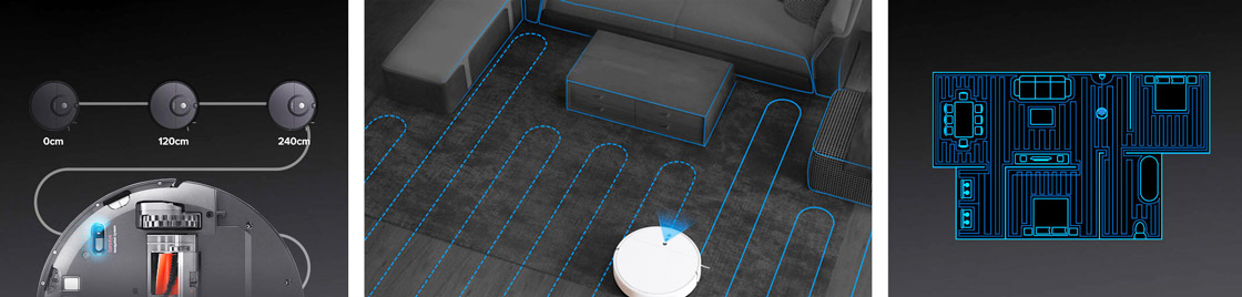 1 - Сенсор робота-пилососа для визначення пройденої відстані. 2 - Робот-пилосос з камерою SLAM рухається змійкою. 3 - Карта пересування робота-пилососа по квартирі.