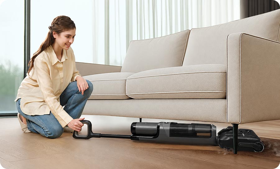 Tineco FLOOR ONE i6 Stretch пылесосит под диваном