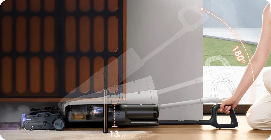 Tineco FLOOR ONE S7 Stretch Steam пылесосит под тумбой