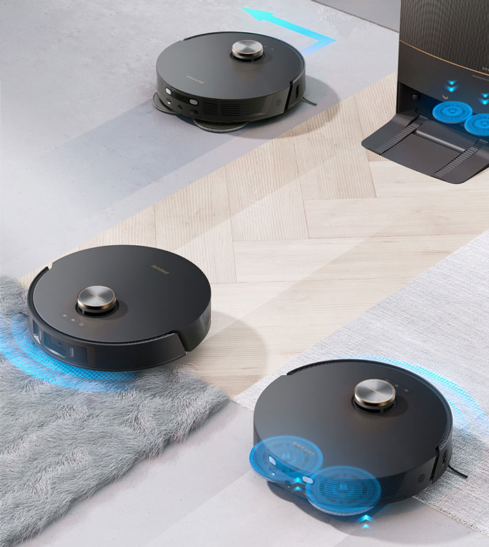 DreameBot L30 Ultra об'їжджає килими, і повертається до них пізніше, залишивши диски на базі, або просто піднімає диски для вологого прибирання, якщо це килим з коротким ворсом.
